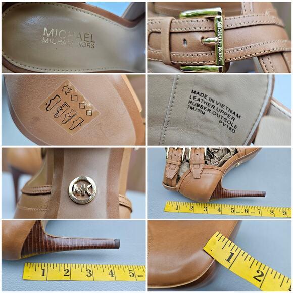 Stiletto Booties MMK Blaze Size 7 Tan Leather Gold MICHAEL KORS Buckle Heel Open - Picture 7 of 13